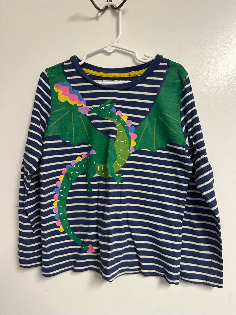 Mini Boden girls Navy Stripe Dragon Graphic Long Sleeve Shirt
